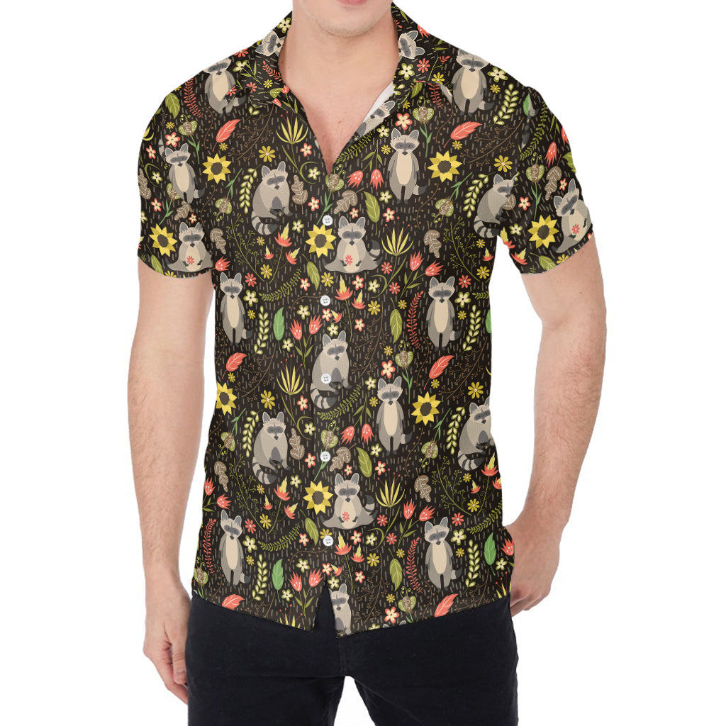 Raccoon And Floral Pattern Print Men's Shirt
