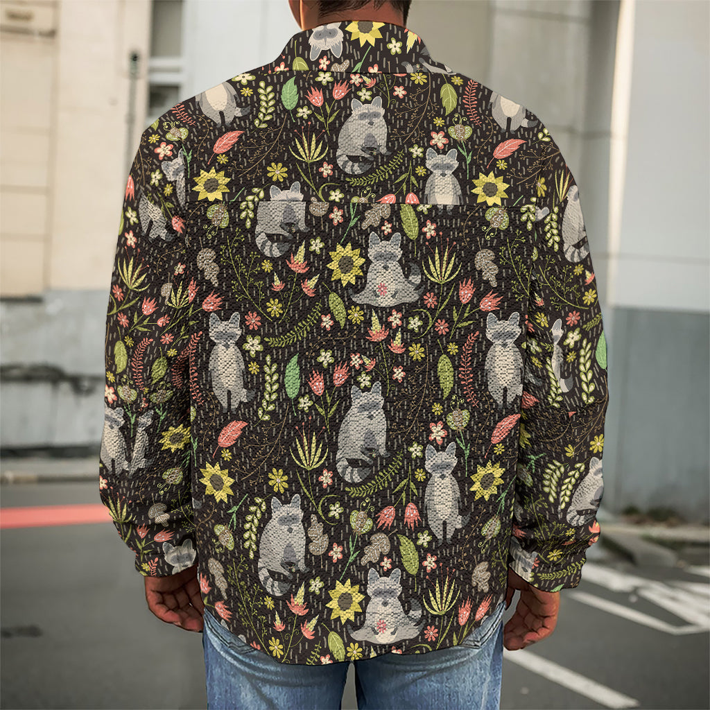 Raccoon And Floral Pattern Print Men's Shirt Jacket