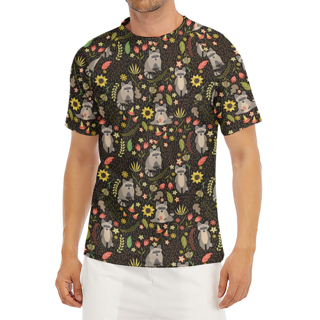 Raccoon And Floral Pattern Print Men's Short Sleeve Rash Guard