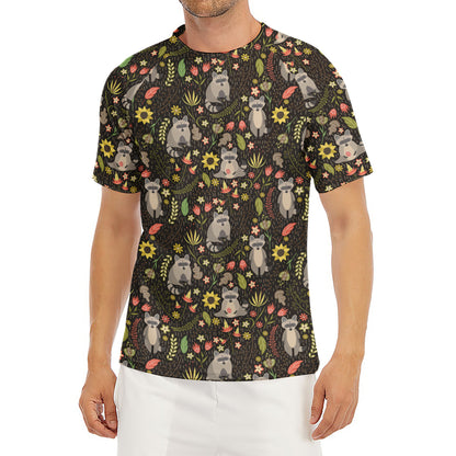 Raccoon And Floral Pattern Print Men's Short Sleeve Rash Guard