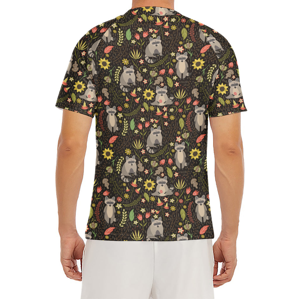 Raccoon And Floral Pattern Print Men's Short Sleeve Rash Guard