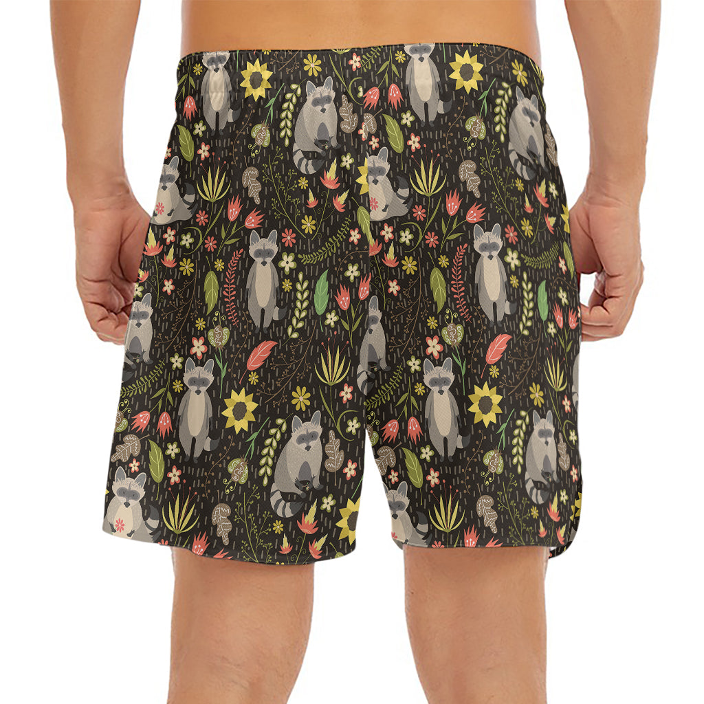 Raccoon And Floral Pattern Print Men's Split Running Shorts