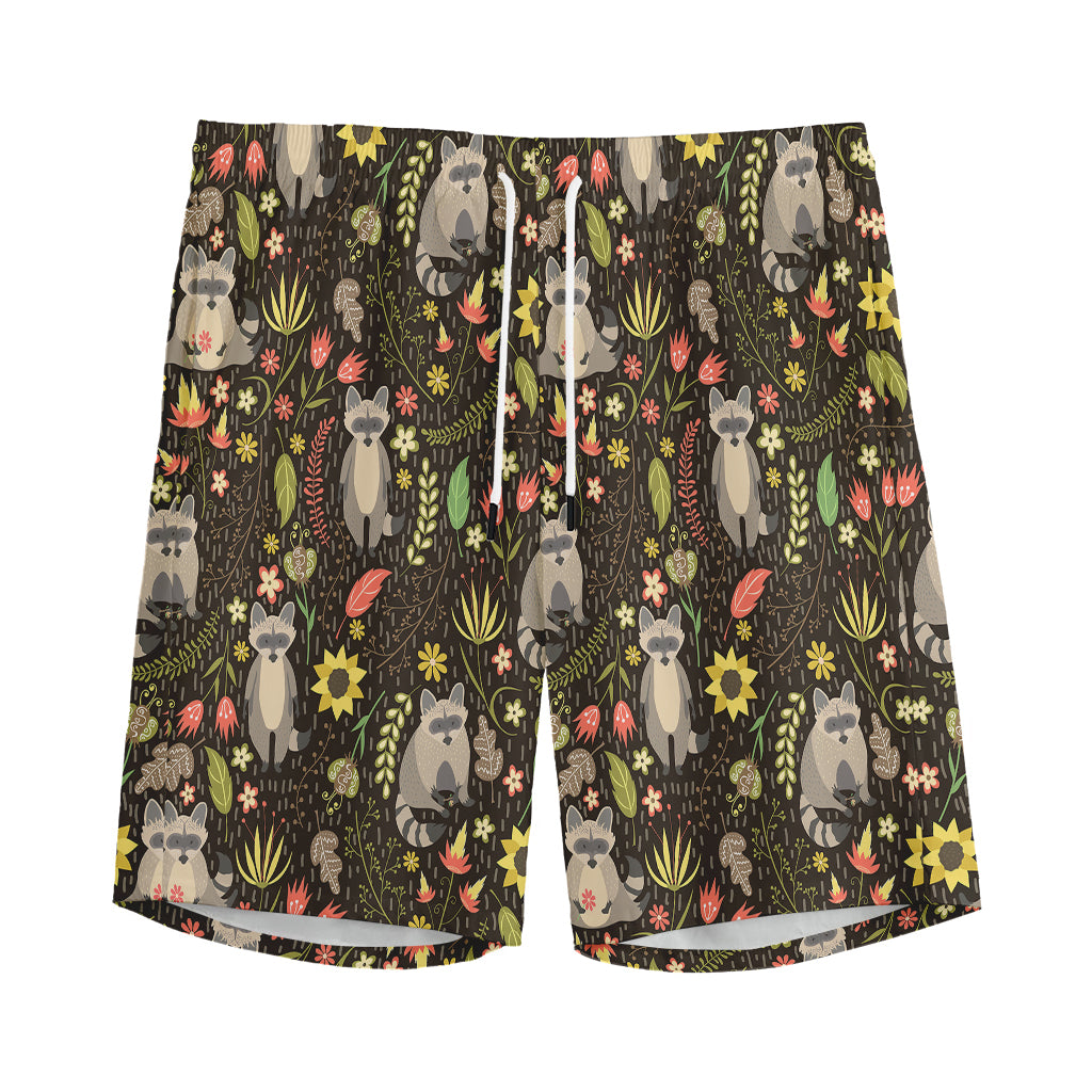 Raccoon And Floral Pattern Print Men's Sports Shorts