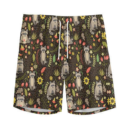 Raccoon And Floral Pattern Print Men's Sports Shorts