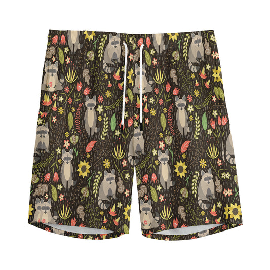 Raccoon And Floral Pattern Print Men's Sports Shorts