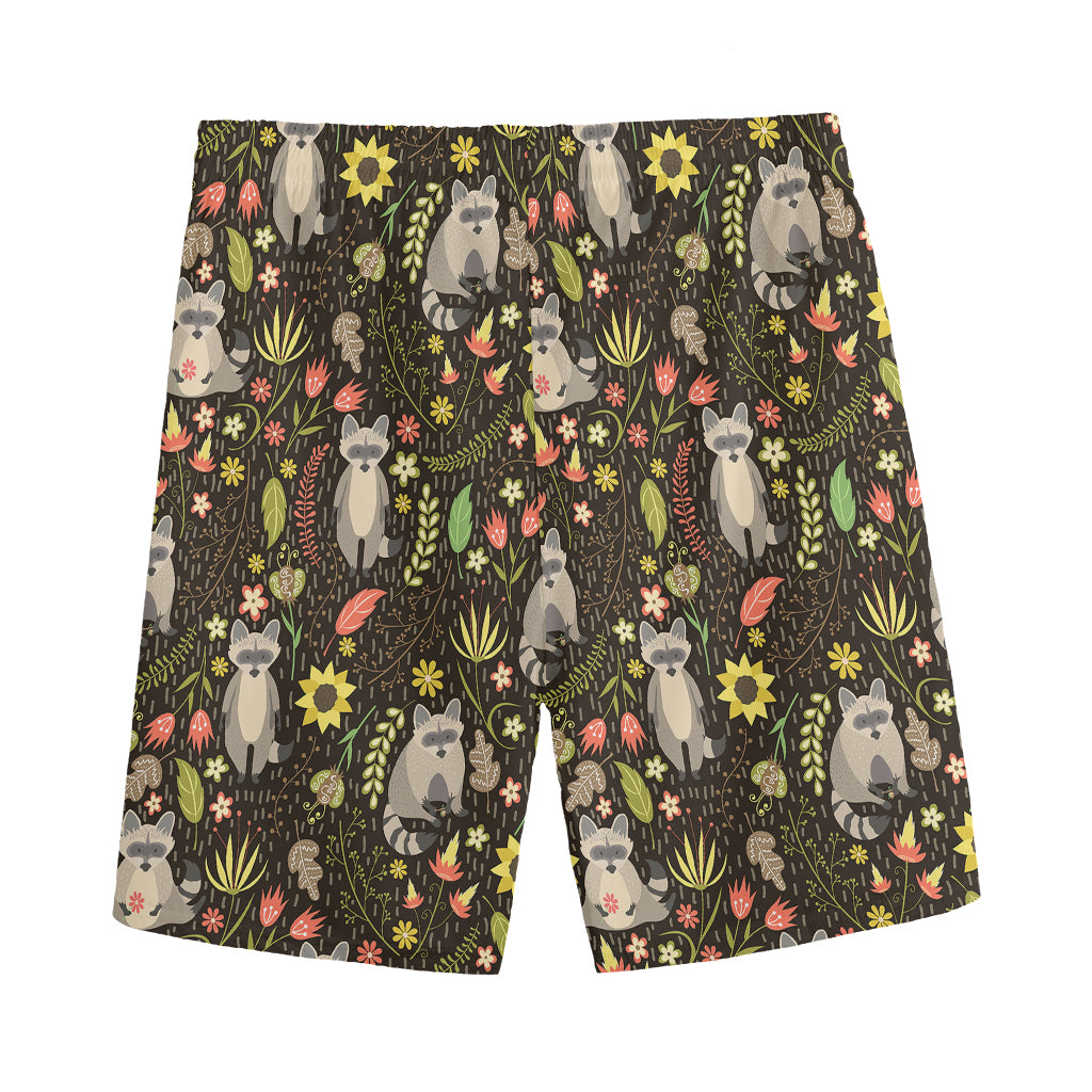 Raccoon And Floral Pattern Print Men's Sports Shorts