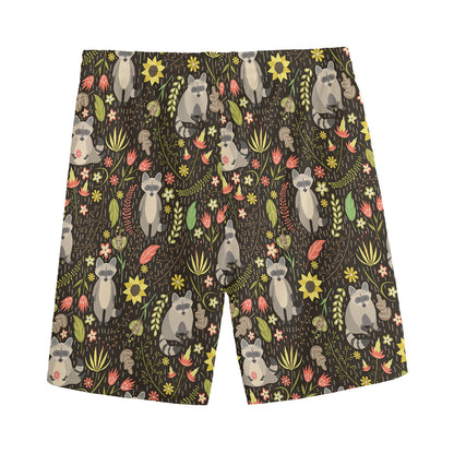 Raccoon And Floral Pattern Print Men's Sports Shorts