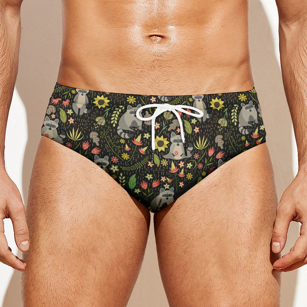 Raccoon And Floral Pattern Print Men's Swim Briefs