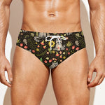 Raccoon And Floral Pattern Print Men's Swim Briefs