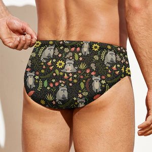 Raccoon And Floral Pattern Print Men's Swim Briefs