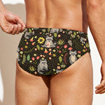Raccoon And Floral Pattern Print Men's Swim Briefs