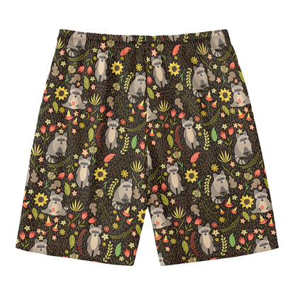 Raccoon And Floral Pattern Print Men's Swim Trunks