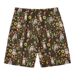 Raccoon And Floral Pattern Print Men's Swim Trunks