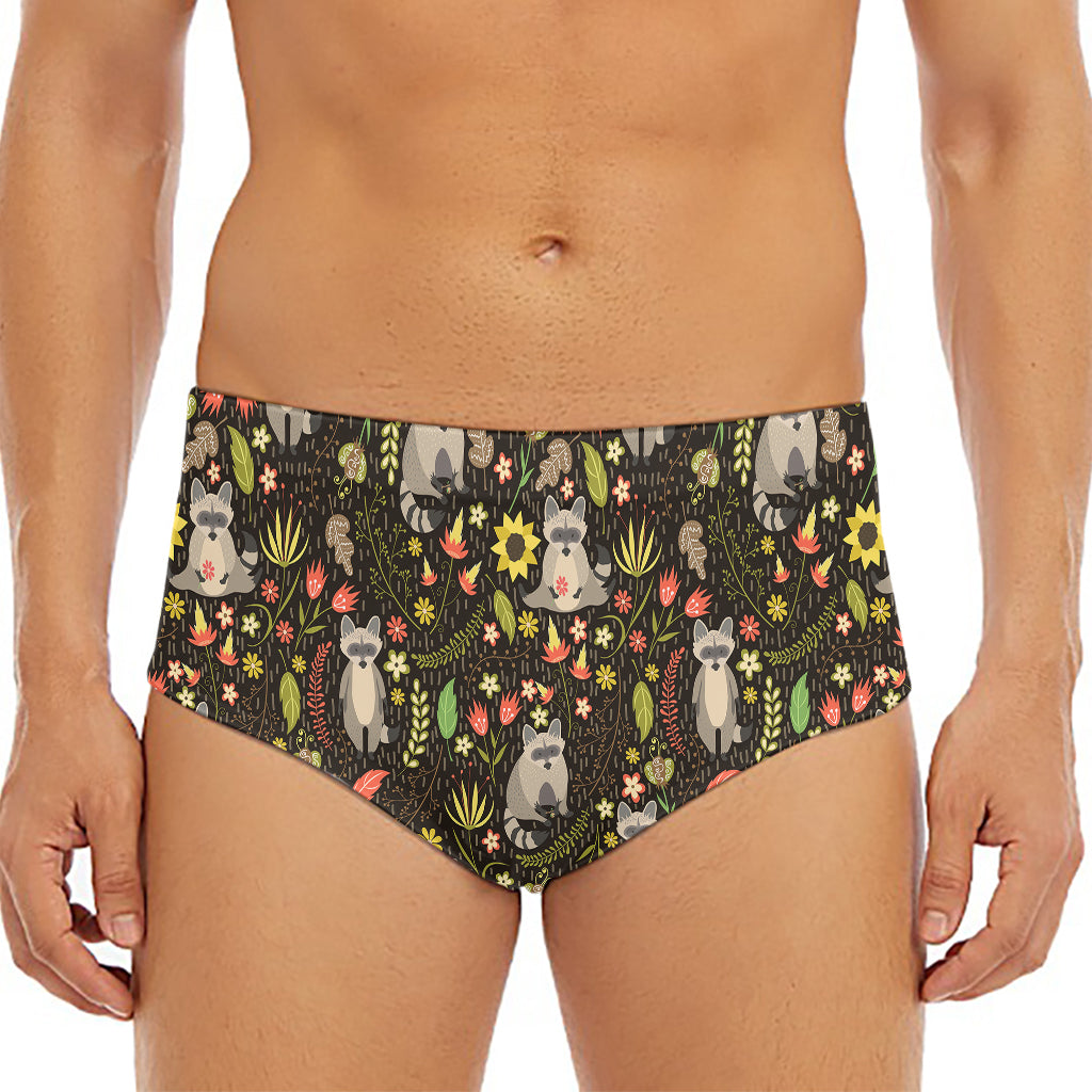 Raccoon And Floral Pattern Print Men's Triangle Swim Briefs