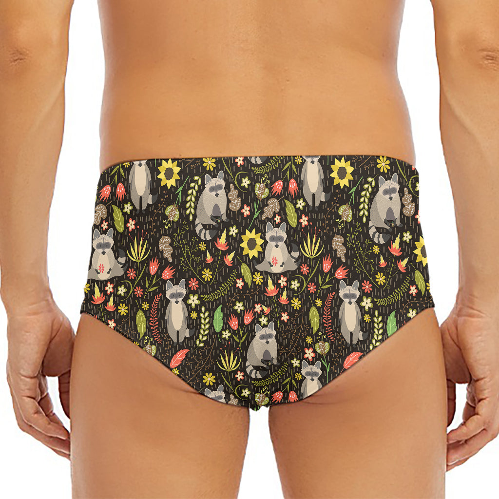 Raccoon And Floral Pattern Print Men's Triangle Swim Briefs