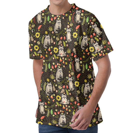 Raccoon And Floral Pattern Print Men's Velvet T-Shirt
