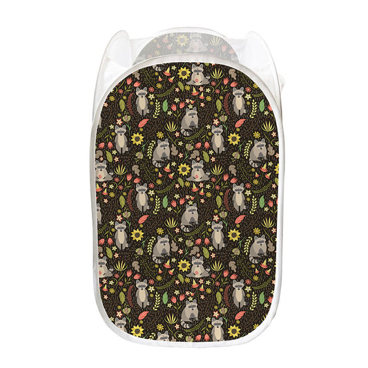 Raccoon And Floral Pattern Print Mesh Laundry Hamper