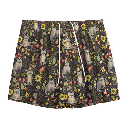Raccoon And Floral Pattern Print Mesh Shorts