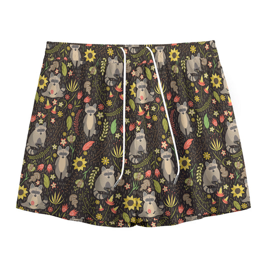 Raccoon And Floral Pattern Print Mesh Shorts