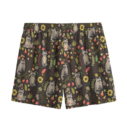 Raccoon And Floral Pattern Print Mesh Shorts