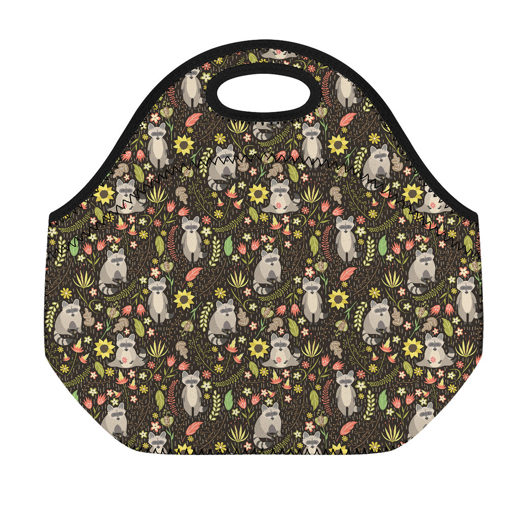 Raccoon And Floral Pattern Print Neoprene Lunch Bag