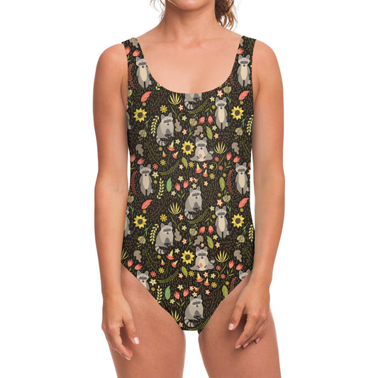 Raccoon And Floral Pattern Print One Piece Swimsuit