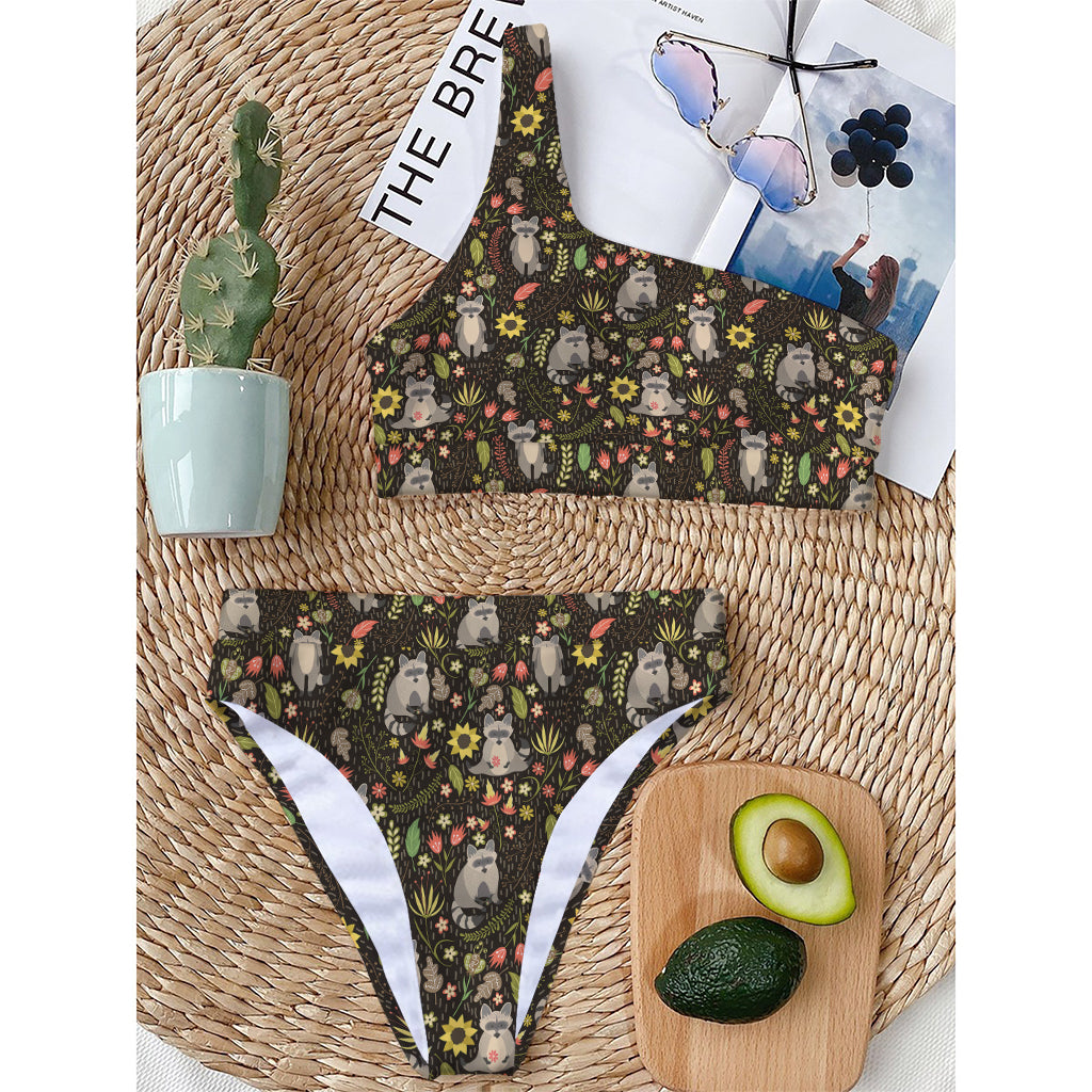 Raccoon And Floral Pattern Print One Shoulder Bikini Top