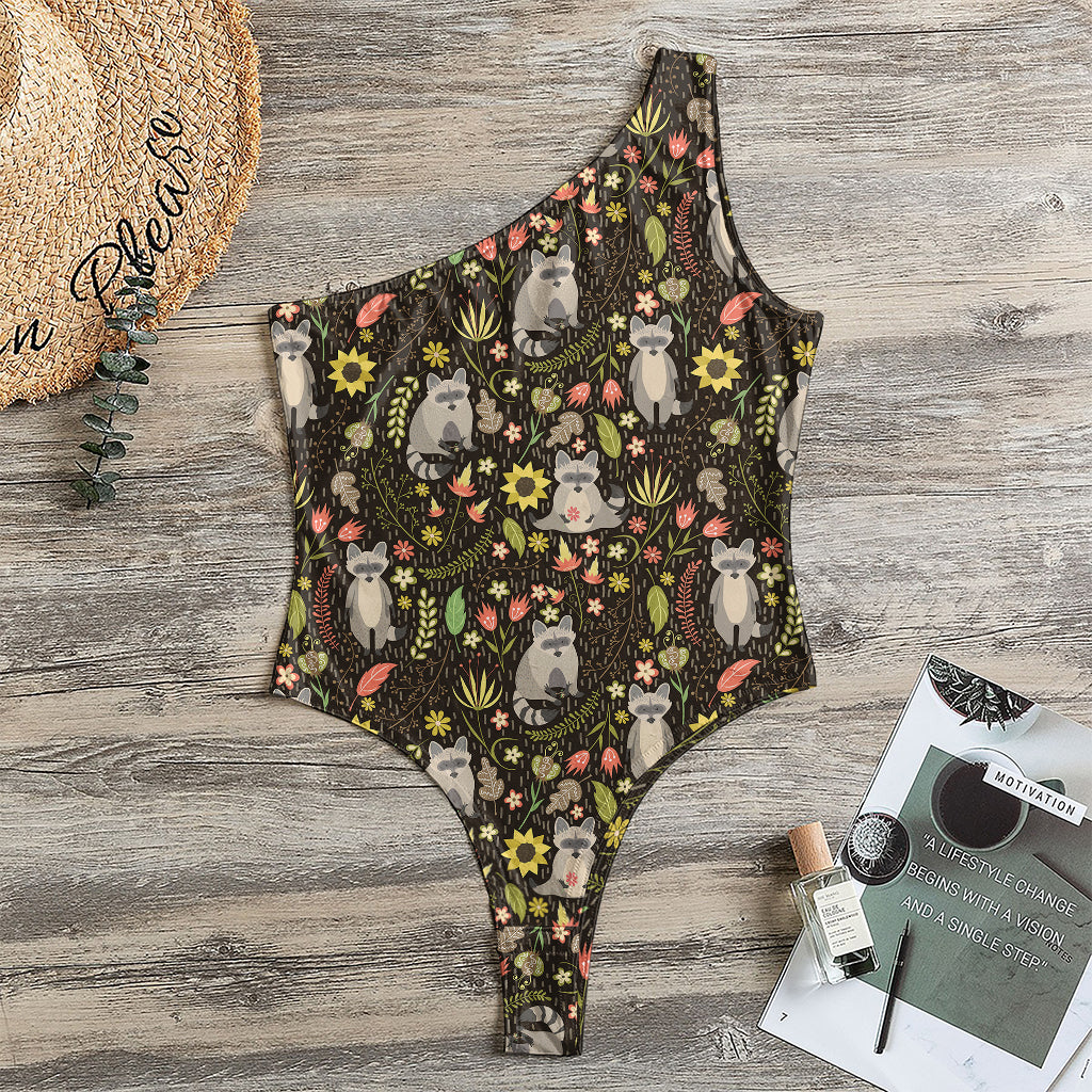 Raccoon And Floral Pattern Print One Shoulder Bodysuit