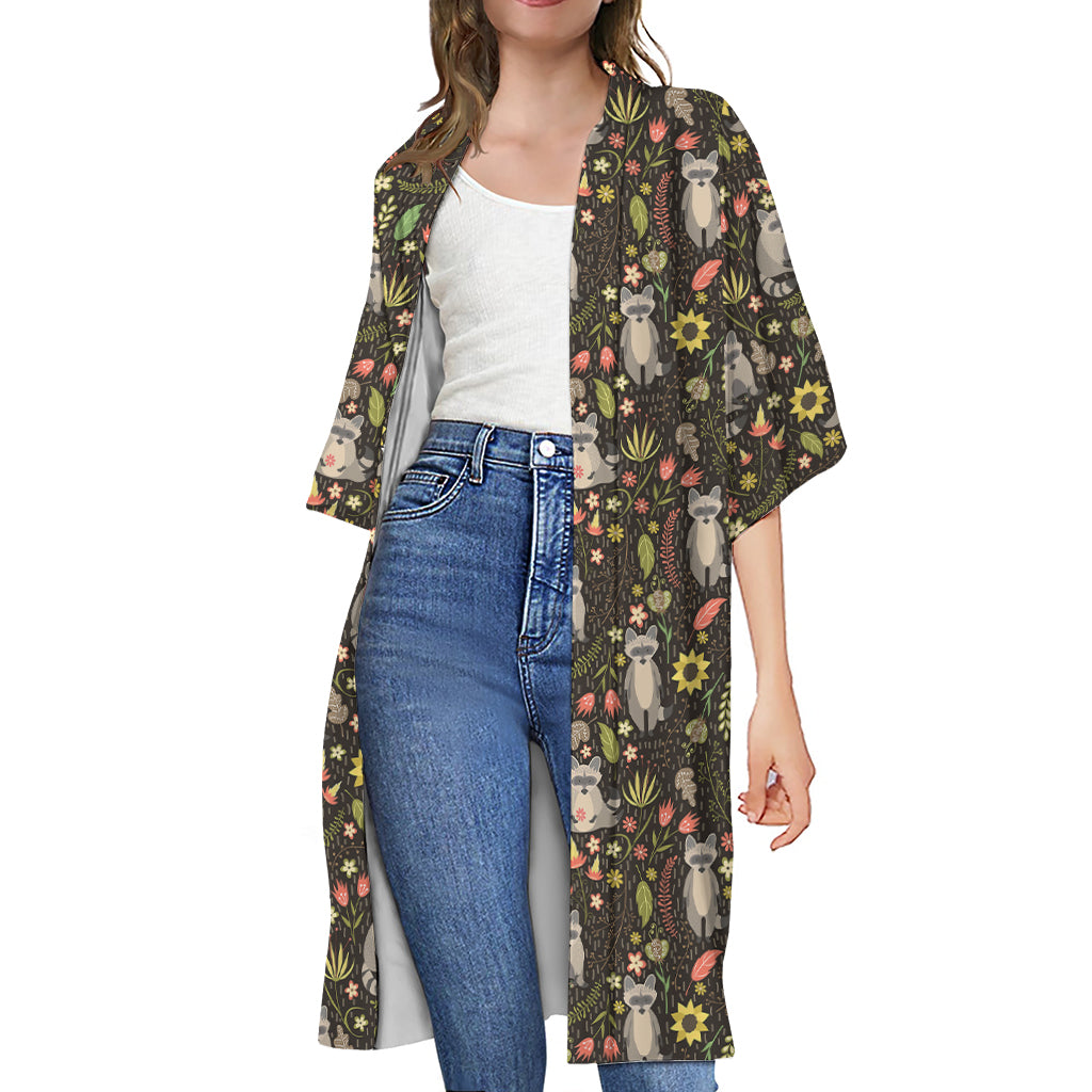 Raccoon And Floral Pattern Print Open Front Beach Cover Up