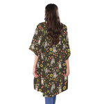 Raccoon And Floral Pattern Print Open Front Beach Cover Up