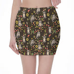Raccoon And Floral Pattern Print Pencil Mini Skirt