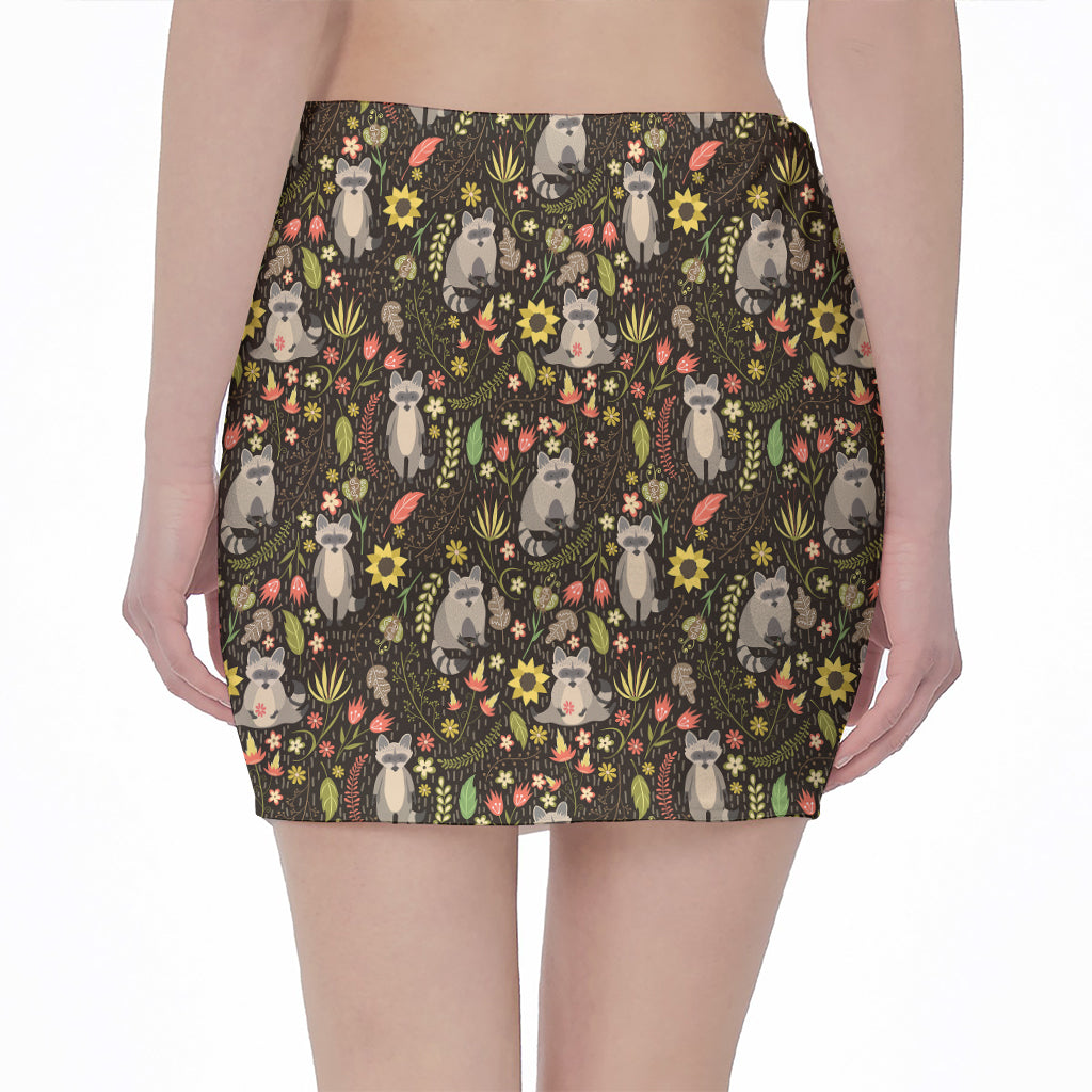 Raccoon And Floral Pattern Print Pencil Mini Skirt