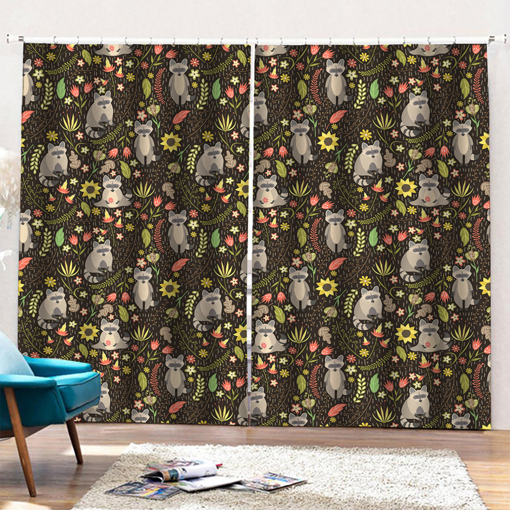 Raccoon And Floral Pattern Print Pencil Pleat Curtains