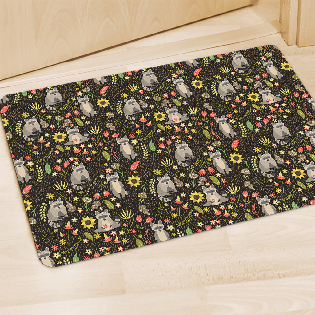 Raccoon And Floral Pattern Print Polyester Doormat