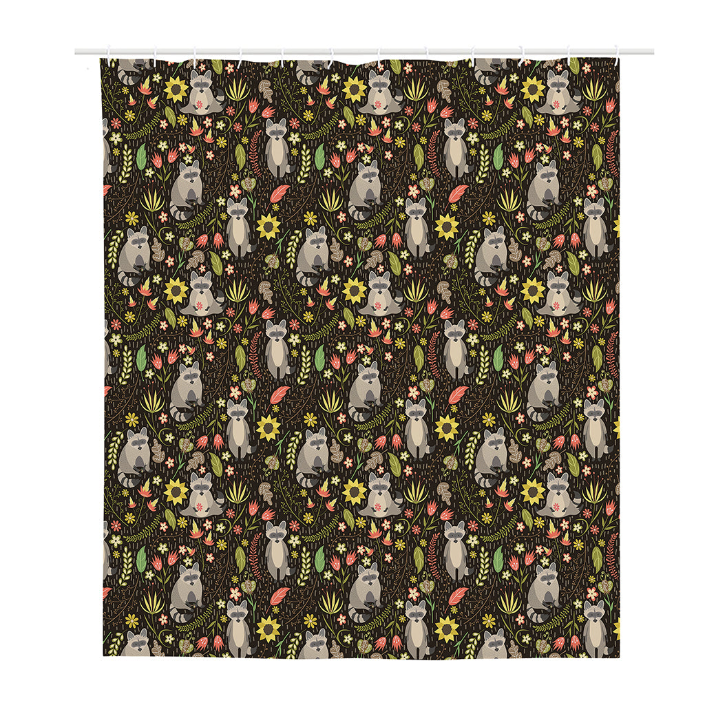 Raccoon And Floral Pattern Print Polyester Shower Curtain