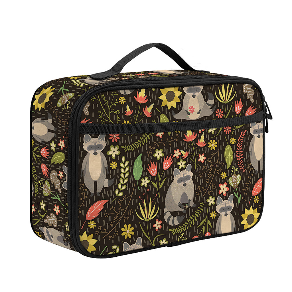 Raccoon And Floral Pattern Print Portable Lunch Bag