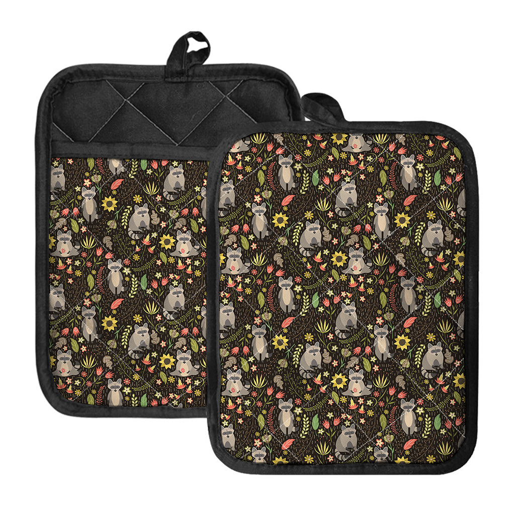 Raccoon And Floral Pattern Print Pot Holders With Pocket