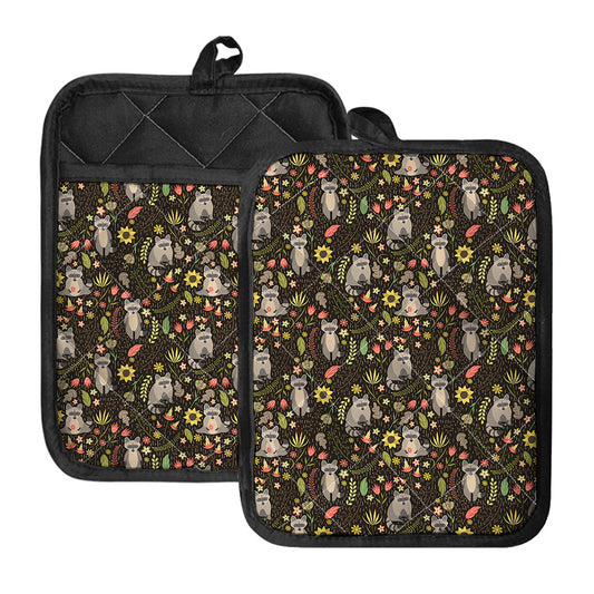 Raccoon And Floral Pattern Print Pot Holders With Pocket