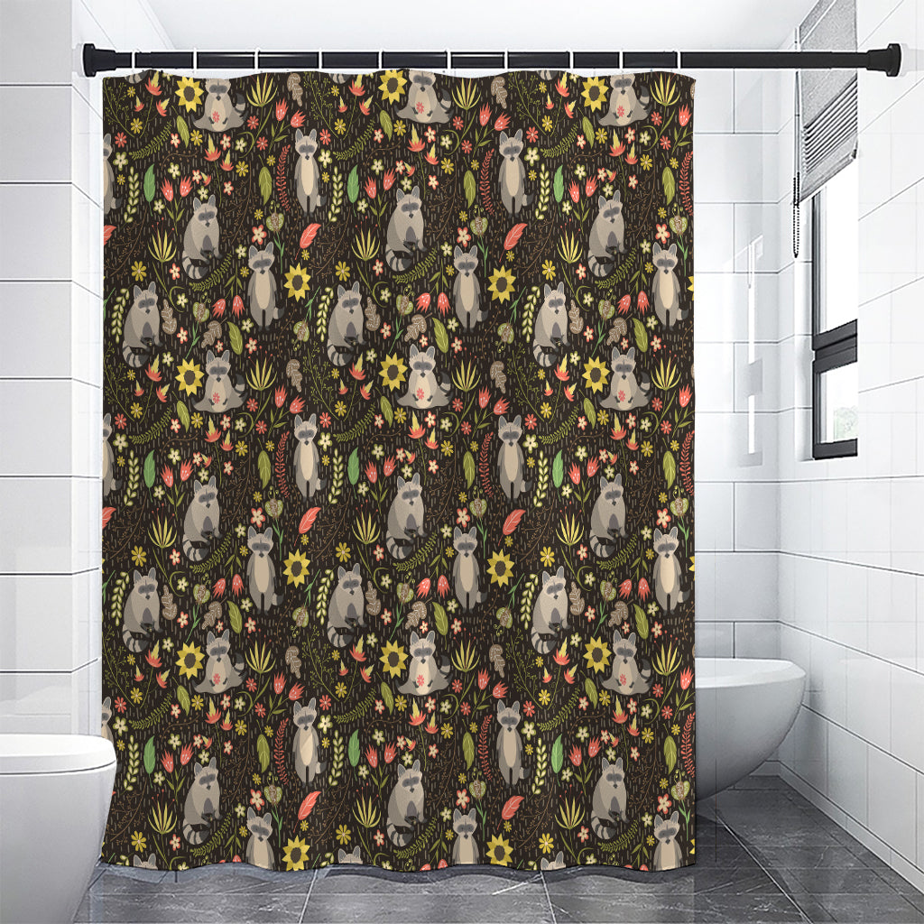 Raccoon And Floral Pattern Print Premium Shower Curtain