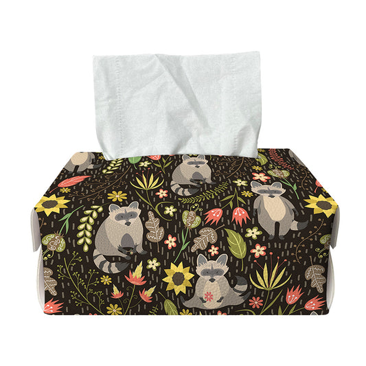 Raccoon And Floral Pattern Print Rectangle Tissue Box Cover