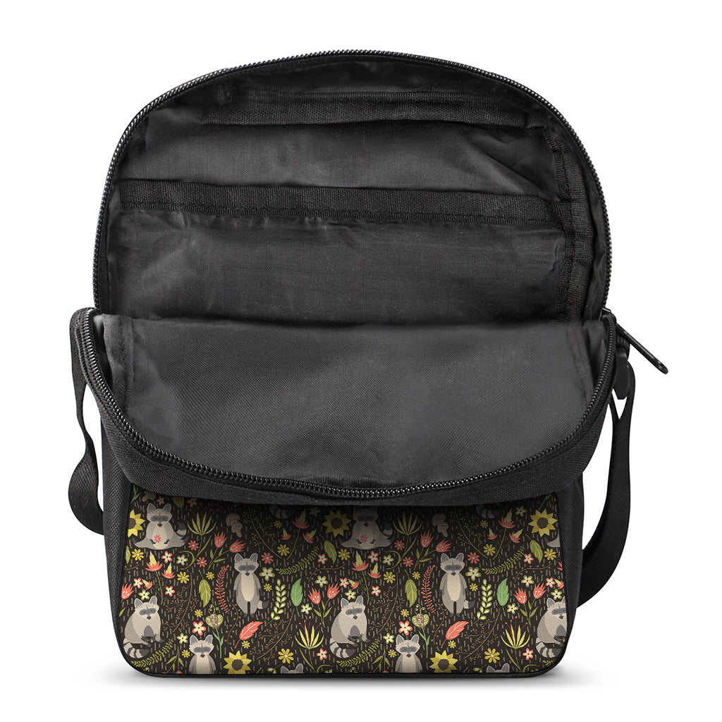 Raccoon And Floral Pattern Print Rectangular Crossbody Bag