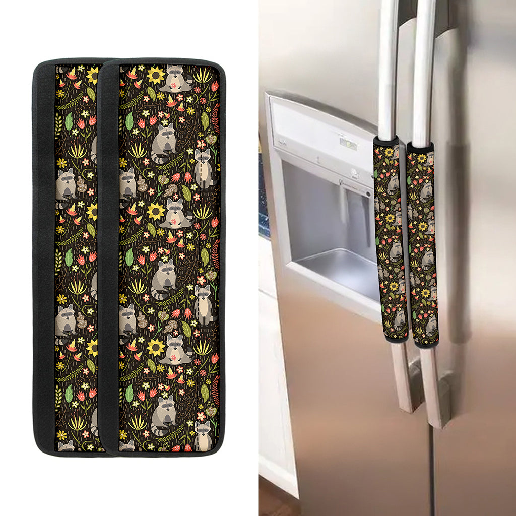 Raccoon And Floral Pattern Print Refrigerator Handle Covers