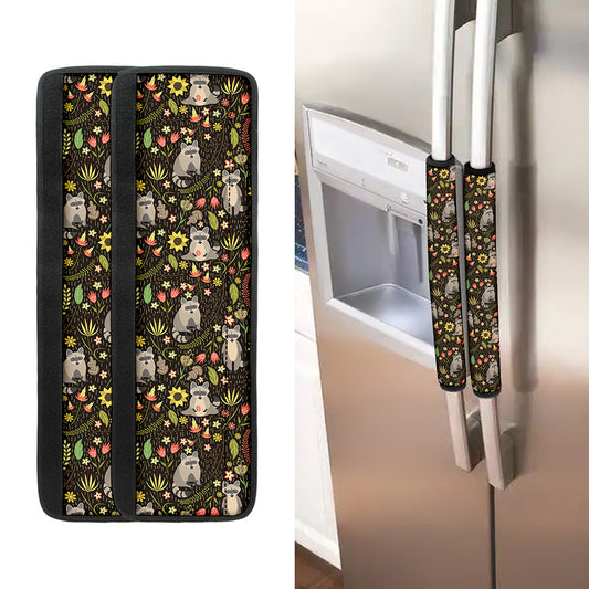 Raccoon And Floral Pattern Print Refrigerator Handle Covers