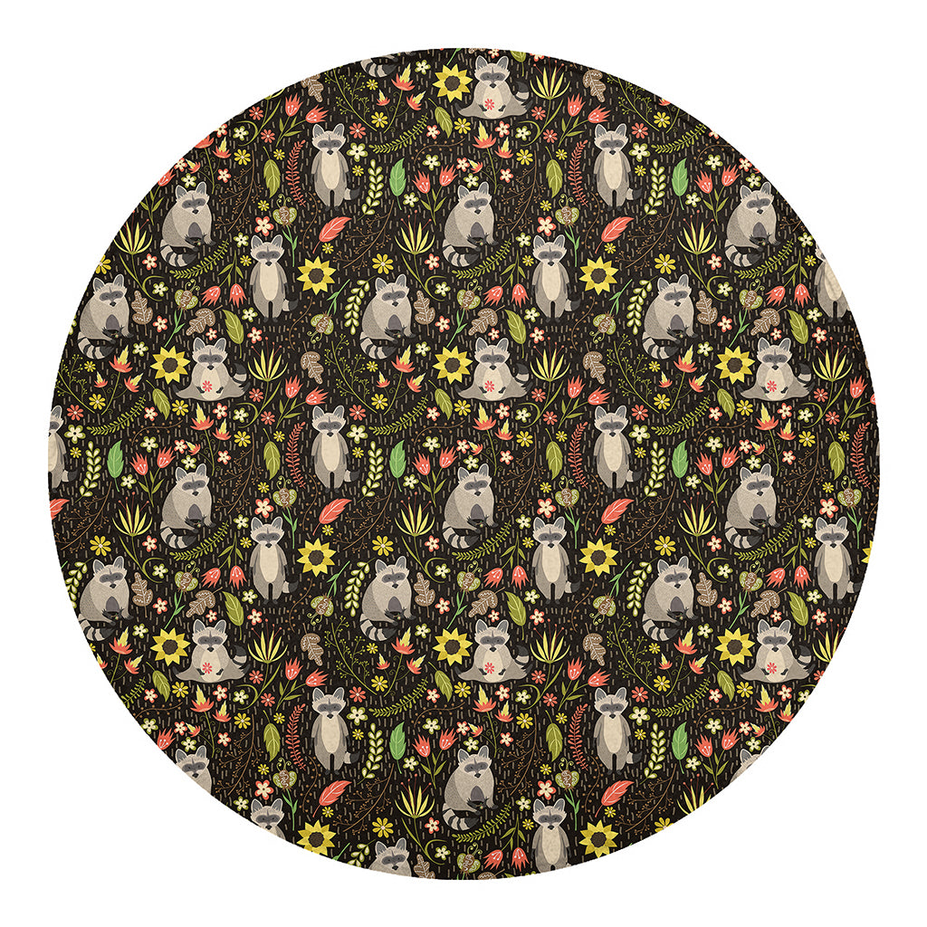 Raccoon And Floral Pattern Print Round Blanket
