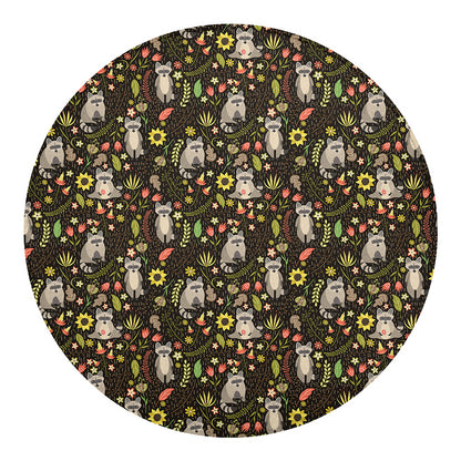 Raccoon And Floral Pattern Print Round Blanket
