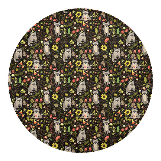 Raccoon And Floral Pattern Print Round Blanket
