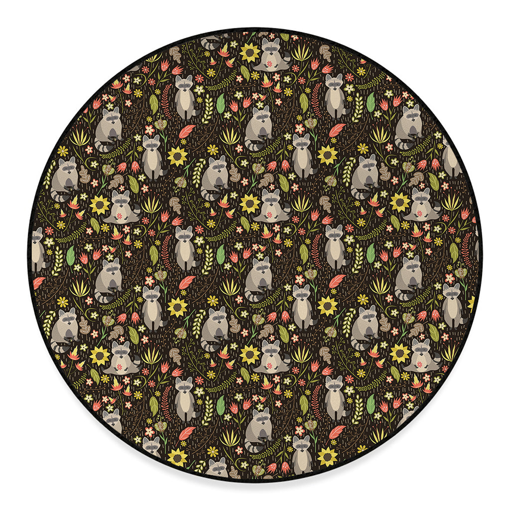 Raccoon And Floral Pattern Print Round Floor Mat