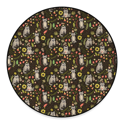 Raccoon And Floral Pattern Print Round Floor Mat