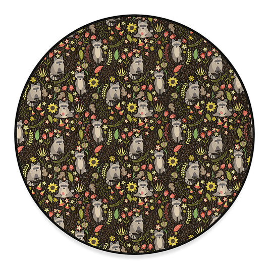 Raccoon And Floral Pattern Print Round Floor Mat