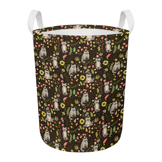 Raccoon And Floral Pattern Print Round Laundry Basket